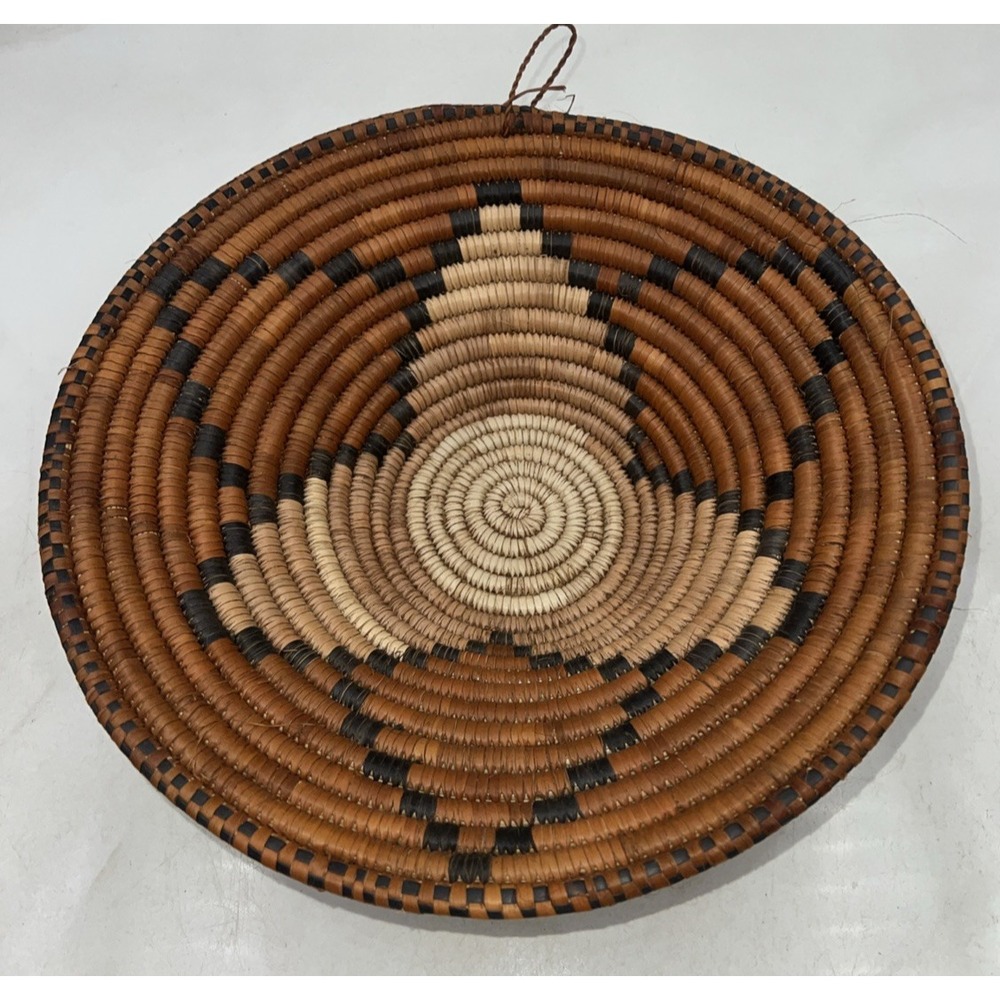 Vintage Coiled Hopi Indian Basket Tray Geometric Pattern Brown Tan Handles 12"